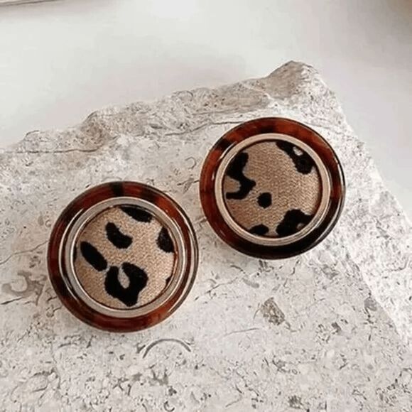 2/$21 Round Leopard Button Earrings - Picture 1 of 3